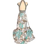 Animal Print Maxi Dress S Beaded Halter Brown Teal Flowy Mobwife Charmeuse Size 6 Photo 5