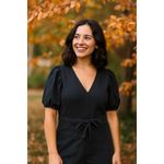 ASOS Design Soft Black Denim V-Neck Puff Sleeve Tie Waist Wide Leg Jumpsuit Photo 2