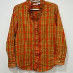 Tizzie Womens Shirt Small Orange Plaid‎ Button Front Ruffle Cotton Long Sleeve Photo 0