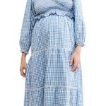 Frances Hart Maternity Ines Dress Blue Gingham Plaid Smocked Midi Dress Size XS Photo 0