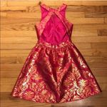 Adrianna Papell Metallic Shiny Puffy Overlay Print Fuchsia Magenta Cutouts Gold Prom Open Back Coquette Colorful Bright XV Damas Dance Photo 4