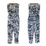 Loft Navy Blue Linen Blend Strapless Tapered Leg Jumpsuit Palm Print Size 0 Photo 3