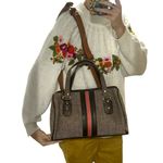 Vintage 70s Canvas Stripe Satchel Crossbody Bag Brown Tan Top Handle speedy Photo 9