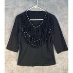Black Fringe Western Cropped Shirt Medium 3/4 Sleeve Beaded Rodeo Cowgirl Photo 0