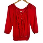 Hollister Button Front Shirt Womens M Red Long Sleeve Ruffle Trim Round Neck Y2K Photo 0