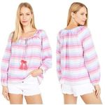 J.Crew  NWT Striped Peasant Blouse Women’s Size XS Pink Tassel Tie Metallic Photo 1