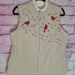 Croft & Barrow  CREAM FLEECE FAUX FUR TRIM CARDINAL BRANCH EMBROIDERED VEST PL Photo 0