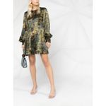 Ganni Satin Green Camo Print Long Sleeve A-Line Mini Dress Photo 4