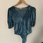 Free People  Don't you Wish Deep Teal Velour Puff‎ Sleeve Bodysuit Small V-Neck Photo 2