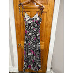 Trina Turk Silk Blend Tie Strap Maxi Dress Size 4 Black White Pink Leaf Print Photo 4