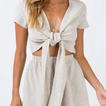 Princess Polly Prince Polly Front Tie Low Cut Linen Romper Tan Size Small Photo 0