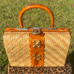 Vintage Woven Purse Bag Amber Lucite and Gold Tone Made in British Hong Kong Photo 0