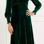 Talbots Effortless Velvet Smocked Midi Dress 10 Long Sleeve Green Ruffle Collar Photo 0