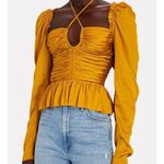 Ulla Johnson Mirelle Plisse Satin Peplum Mustard Long Sleeve Ruched blouse NEW Photo 0
