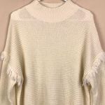 Umgee Women’s Waffle Knit Fringe Sleeve Hem Detail Mock Neck Cream Sweater Photo 1