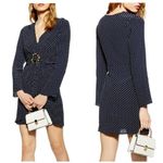 Topshop  Navy Blue Polka Dot Mini Dress Size 8 Long Sleeve Wrap Ring Nautical Photo 1