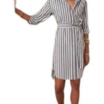 Banana Republic Gray White Striped Poplin Shirt Dress Womens Size Medium Tall Photo 0