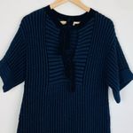 Chloé Chloe navy blue & black textured sweater dress with chenille tie at neck. Small Photo 1
