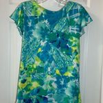 Forever Jade Blue/Green Print Stretch Short Sleeve Blouse S Photo 8