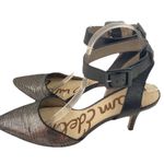 Sam Edelman * Okala Ankle Strap Heel Womens Size 8.5 Black Leather Gold Textured Photo 4