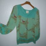Vanessa Virginia 4 Silk Birds Long Sleeved Square Neck Top Green Photo 7