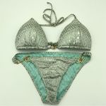Victoria's Secret Victoria’s Secret Light Blue and Silver Cheetah Print Push Up Bikini Size L/M Photo 0