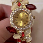 Crystal Rhinestone Red Floral Fashion Bracelet Watch Gold Photo 0