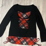 Long sleeve red and black plaid pattern ruched drawstring funnel neck shirt Size L Photo 0