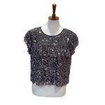 Altar'd State  Medium Top babydoll Sequin Blouse Y2K Ruffle Shirt Gunmetal Grey Photo 2