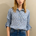 John Mark NWOT  Embroidered Polka Dot Cinch Tie Sleeve Blue Blouse Shirt Size M Photo 0