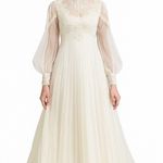 Vintage 1960s Lace Illusion High Neck Bridal Wedding Gown w/ Train XS White Photo 0