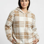 Joie  Plaid Fleece Lined Hoodie Quarter Zip Pullover M M Tan Cream Casual Photo 0