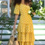 Veronica Beard  Floral Maxi Dress Silk Blend One Shoulder Ruffle Yellow US 8 NWT Photo 3