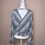 EXPRESS Striped Peplum Top Long Bell Sleeves Faux Wrap Back Deep V-neck Small Photo 2