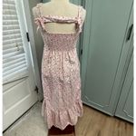 Dondolo Smocked Strawberry Linen Blend Dress Open Back Sz Medium Floral Ruffle Pink Photo 1