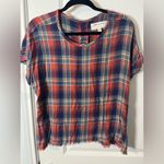 Anthropologie Cloth & Stone Top Button Back Short Sleeve Plaid High Low Size L Photo 4