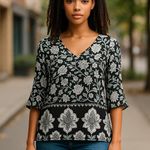 Simply Noelle Ladies Black White Green Floral Tunic Blouse ~ Women's Size Small Photo 0