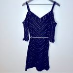 Trina Turk  Black Cold Shoulder Gold Metallic‎ Stripe Rope Belt Dress Photo 1