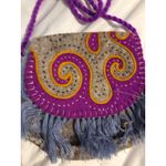 Boho Felt Handbag Small Crossbody Purse Purple Yellow Swirl Fringe Strap Photo 3