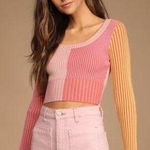 Lulus Pink Color Block Ribbed Long Sleeve Crop Top Photo 0