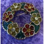 Vintage Gold Tone Poured Glass Orange Yellow Flower Floral Leaves Brooch‎ Pin Photo 0