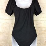 Topshop Bodysuit Womens 8-10 M Black Waffle Knit Puff Sleeve Cut Out Tie Front Photo 11