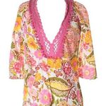 Monique Leshman š Floral Print Pom Pom Tunic Top š Fuchsia Pink Spring Yellow Photo 0