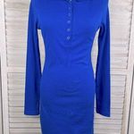 DOUBL JU (J. Tomson) Long Sleeve Hooded Henley Dress Bodycon Bright Blue Photo 0