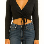 American Eagle Size Small Dark Grey Tie-Front Crop Top Photo 0