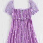 SheIn Purple Floral Embroidered Daisy Print Mesh Overlay Tie Front Dress Medium Photo 2