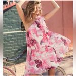 Mac Duggal Ieena for  Floral Print One Shoulder Mini Dress in Pink Multi Photo 1