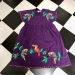 Vintage 70s Embroidered Midi Dress Parrot Bird Floral Oversized Mexican Tropical Purple Photo 0