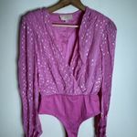 Rococo Sand Bodysuit Womens XS Pink Metallic Long Sleeve Wrap Sheer Tie Cuff Top Photo 1