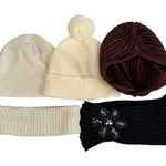 Bundle Winter Hats Womens Cream Pom Pom Beanie Brown Turban Lot of 5 Photo 0